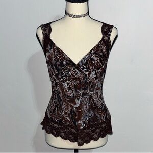 Worthington Brown Paisley Top with Lace Detail